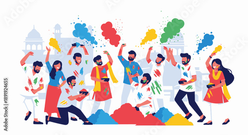 People celebrating Holi festival with colored powders in a vibrant cultural scene illustration