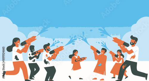 Group of people playing with water splashes on a sunny day outdoors