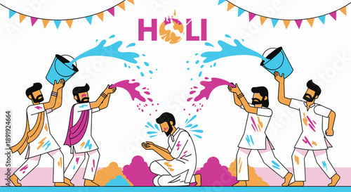 Vibrant Holi celebration with people playing with colorful powders and water in joyful festivities outdoors