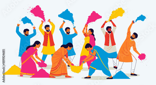 Vibrant people celebrating Holi festival with colorful powders in joyful atmosphere