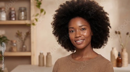 Smiling Black Woman with Natural Afro in Earth Tone Sustainable Home Setting