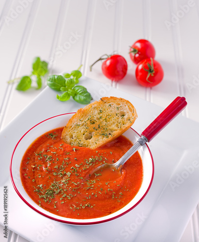 Fresh raw tomato soup sprinkled with parsley flakes served with toasted bread; copy space