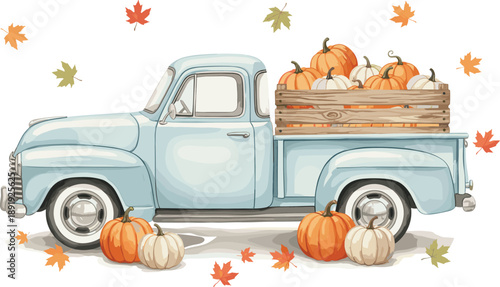 Watercolor vintage blue farm pickup truck carrying autumn pumpkins in wooden crate with scattered fall leaves, rustic harvest season graphic, Thanksgiving decoration, white background illustration.
