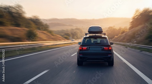 Black SUV With Roof Box Driving On Highway At Sunset With Motion Blur