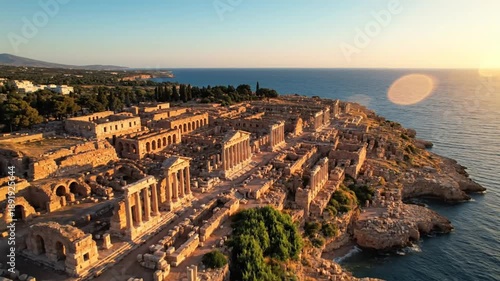 Aerial view of the ancient Roman ruins of Leptis Magna bathed in golden sunlight by the coast