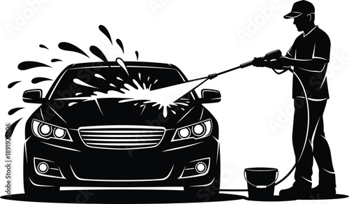 Worker washing a car with high pressure water jet silhouette isolated on white background for auto detailing service and maintenance