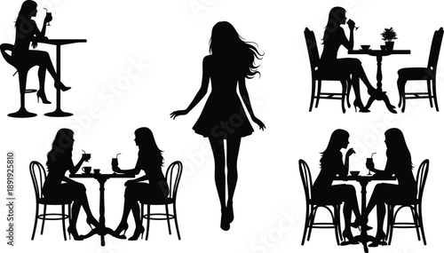 Women Socializing and Relaxing Silhouette Vector Set, Female Friends Drinking Talking Sitting in Cafe Bar, Fashionable Ladies Black and White Graphic Collection.