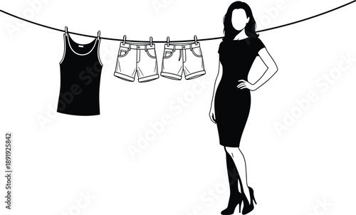 Young Woman Sitting in Modern Laundry Room with Washing Machine, Dryer, Laundry Baskets, and Clothes Hanging on a Line Vector Illustration