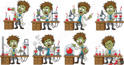 Zombie scientist character in lab coat performing chemistry experiments with bubbling red test tubes, microscopes, and scientific equipment cartoon set.