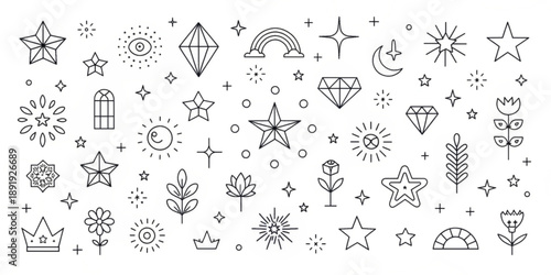 Collection of fantasy elements and magical symbols in a whimsical illustration style on a white background viewed from directly above