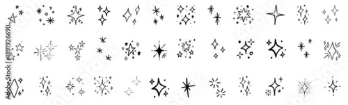 Assorted abstract black and white decorative elements and ornaments arranged in a grid pattern for design embellishments and illustrations