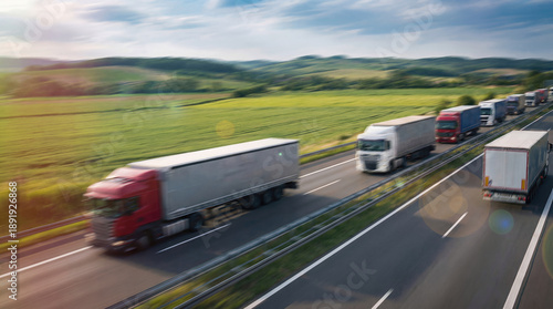 Fast Semi Trucks Driving on Rural Highway with Motion Blur