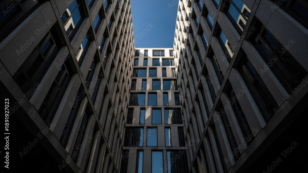 Fototapeta premium A modern skyscraper with sleek windows and a blue sky background