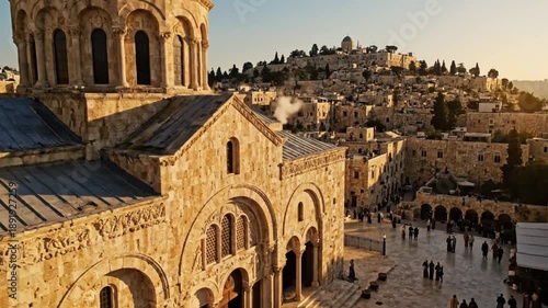 Scenic Aerial View of the Ancient City of Jerusalem with a Stunning Religious Building and a Clear Blue Sky