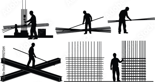 Black silhouettes of construction workers and steel fixers handling rebar reinforcement and metal beams for industrial building structure engineering project on white background
