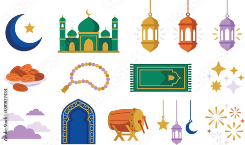 Islamic cultural symbols and elements illustration collection including mosque, lanterns, and prayer mat