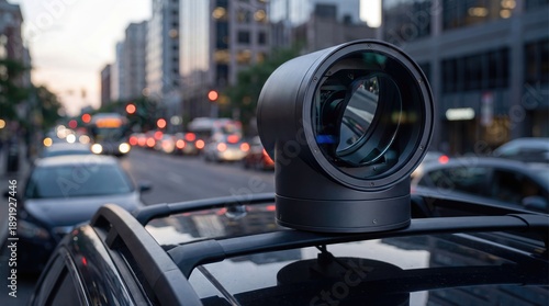 Autonomous Vehicle Lidar Sensor on Car Roof in City Traffic