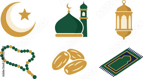 Islamic symbols illustration featuring crescent moon, mosque, lantern, prayer beads, dates, and prayer mat in a serene composition.