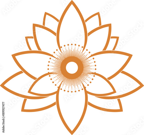 Elegant golden lotus flower outline icon isolated on white background, symmetrical floral vector illustration for yoga studio branding, spa wellness logo and zen decoration