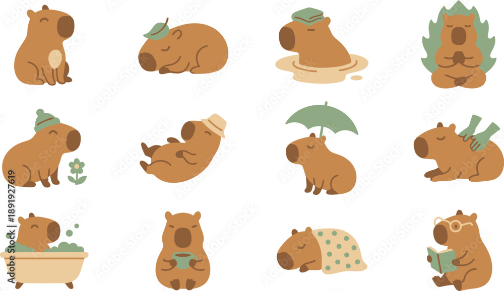 Fototapeta premium Collection of capybara illustrations relaxing in various leisure activities and environments, showcasing serene moments in a flat design style