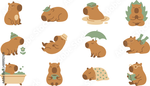 Collection of capybara illustrations relaxing in various leisure activities and environments, showcasing serene moments in a flat design style