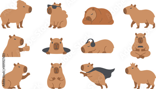 Collection of capybara illustrations showcasing various poses and actions in a clean white environment from a straightforward viewpoint in new1.eps