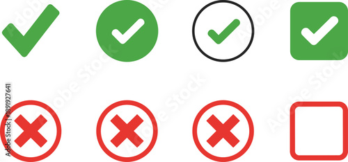 Green Checkmark and Red Cross Icon Set with Vector Tick Marks and X Symbols for Customer Approval Feedback Success Validation and Professional Web UI Design