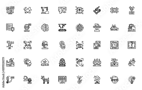 Artificial intelligence icon set. Vector illustration pack featuring projection, analysis, robotic arm, AI, VR, robotics, biometrics, cloud computing, and more. Editable stroke.