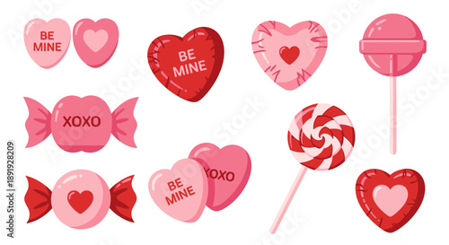Assorted Pink and Red Heart Candies and Lollipops.
