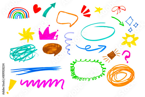 Wallpaper Mural Playful sketch icon collection. Colorful doodle sketch element set isolated on transparent background. Child drawings. Pencil crayon chalk texture. Arrow bow crown star shine rainbow heart shapes Torontodigital.ca