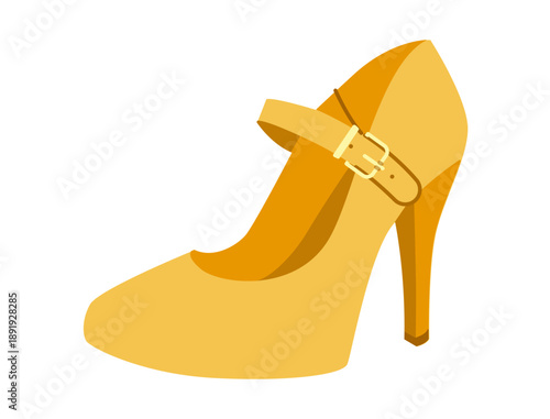 Mary Jane pump women yellow heel flat shoe. Strap round toe vintage dress footwear for party, wedding, cute outfit. Technical illustration, CAD mockup, bright vector men unisex isolated playful style.