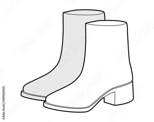 Block heel ankle boot women sketch pair. Clean shaft boot for smart city outfit and everyday wear. Technical fashion illustration CAD mockup vector man unisex isolated classic style.