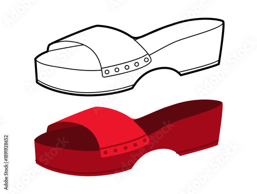 Red clog sandal shoe women flat plus line set. Platform slide sandal for lifestyle blog resort project. Technical fashion illustration CAD mockup mixed vector man unisex isolated stylish style.