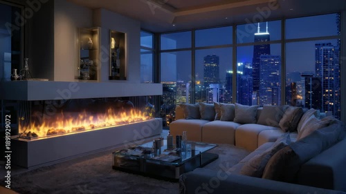 Living room with a designer sofa and a glass coffee table. The built-in fireplace adds warmth. Large windows reveal a stunning city skyline lit up at night