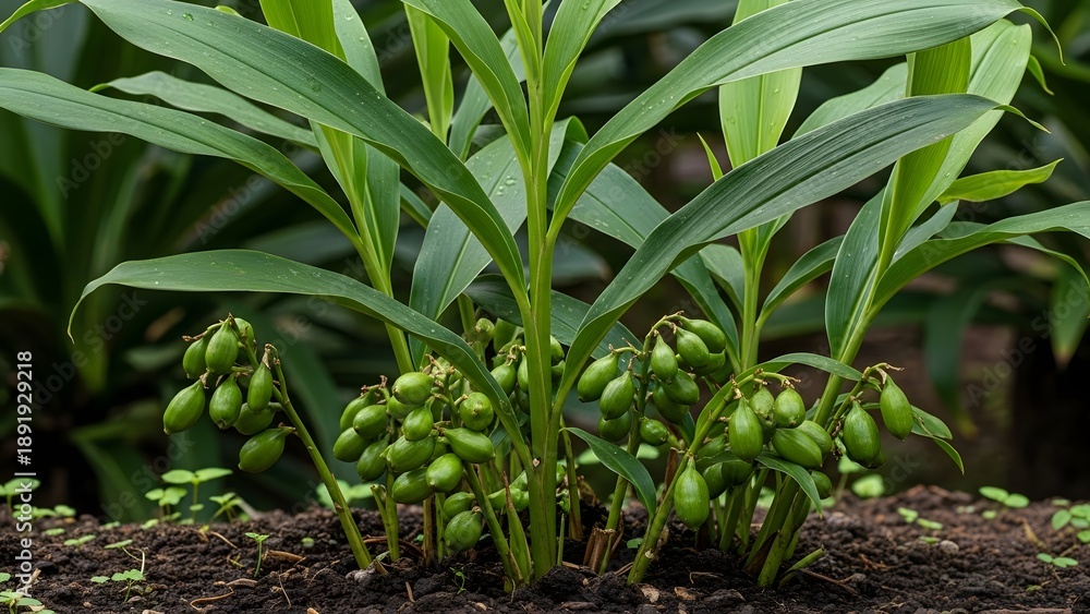 Obraz premium Close-up view of a green cardamom plant with numerous developing pods emerging from the soil at its base.