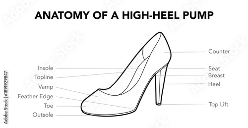 High heel pump anatomy diagram sketch pair. Counter, heel, insole and vamp construction for education design training. Technical fashion illustration CAD mockup detailed vector men women isolated