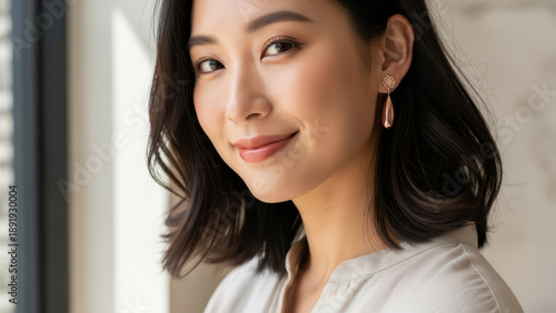 Graceful confident asian woman smiling indoors with elegant earrings and natural makeup near bright window light in soft neutral toned modern interior