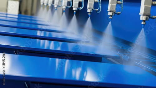 Automated industrial spray painting system coating blue metal panels in manufacturing plant, precision nozzles applying protective finish for mass production line