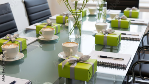 Elegant corporate meeting room table set with green gift boxes, coffee cups, notebooks, and fresh white flowers prepared for business celebration or client appreciation event