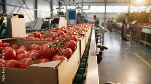 Ripe red tomatoes travel along a conveyor belt at a modern food processing factory ready for packing and distribution