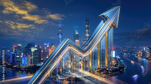 Glowing Financial Growth Arrow Graph Over Shanghai Skyline Night