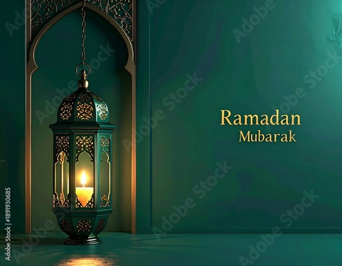 Ramadan Mubarak greeting card with ornate hanging lantern in archway, intricate patterns, warm golden light, mystical ambiance, serene dark green background, elegant calligraphy, cultural ce