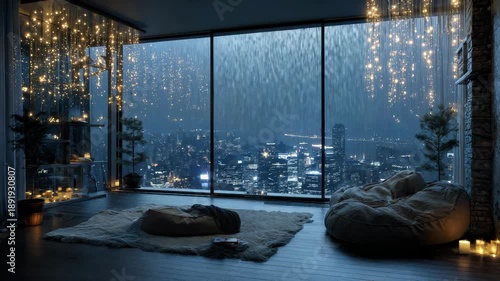A luxury living room shows a night view with raindrops sliding down glass wall-to-wall windows. Fairy lights hang above while city lights shine in the distance, creating a cozy atmosphere