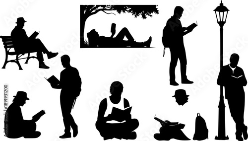 Black Silhouettes of People Reading Books in Different Poses Isolated on White Background Set of Men and Women Studying Outdoors