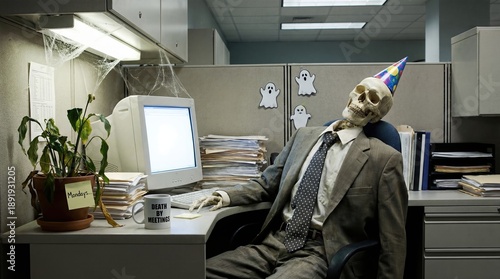 Skeleton in Suit at Office Desk with Death By Meetings Mug and Cobwebs