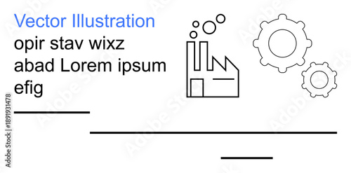 Manufacturing, automation, machinery, production process, industry innovation, technical design. Black factory and gear shapes with clean details. Manufacturing and automation concepts