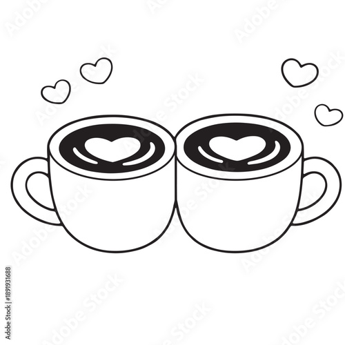 Two coffee cup, heart latte art, love, romantic, simple line drawing, minimal style