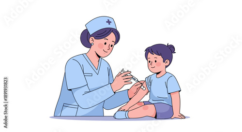 Nurse Treating Injured Childs Knee Cartoon.