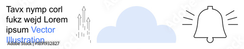 Cloud services, online notifications, growth, technology communication, digital updates, system alerts. A cloud, upward arrows and a bell icon are displayed. Cloud services and online notifications