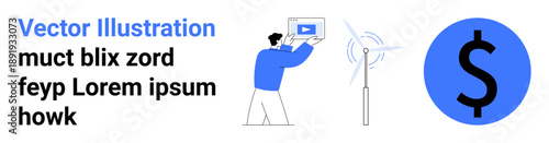 Man holding tablet with media content, wind turbine, and dollar sign symbolizing digital innovation, sustainability, and financial development. Ideal for sustainable tech, clean energy, digital